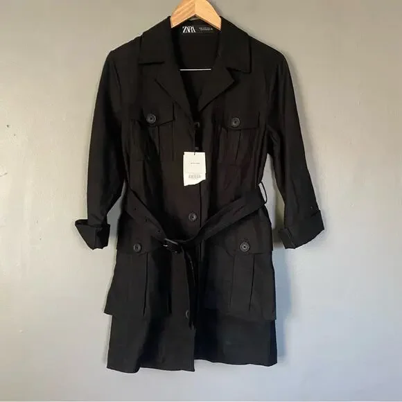 ZARA Linen Utility Jacket Belted Trench Coat Preppy Scandi Black Size XS/S - Picture 2 of 12